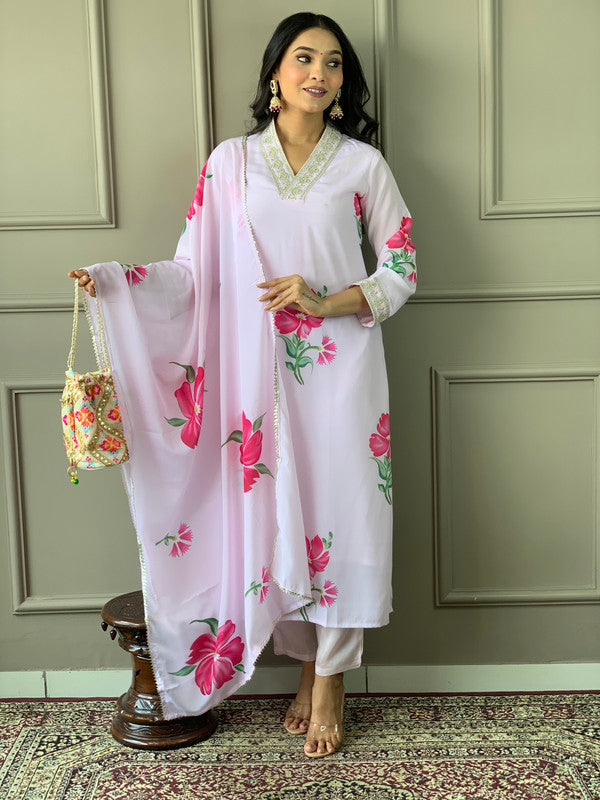 Lyush Women's Lavender French Crepe Embroidery Straight Kurta Pant With Dupatta