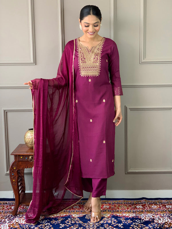 Lyush Women's Wine Rayon Slub Embroidery Straight Kurta Pant With Dupatta
