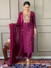 Thumbnail for Lyush Women's Wine Rayon Slub Embroidery Straight Kurta Pant With Dupatta