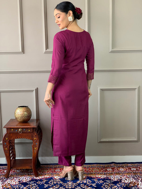 Lyush Women's Wine Rayon Slub Embroidery Straight Kurta Pant With Dupatta