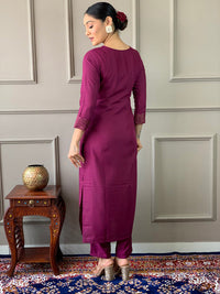 Thumbnail for Lyush Women's Wine Rayon Slub Embroidery Straight Kurta Pant With Dupatta