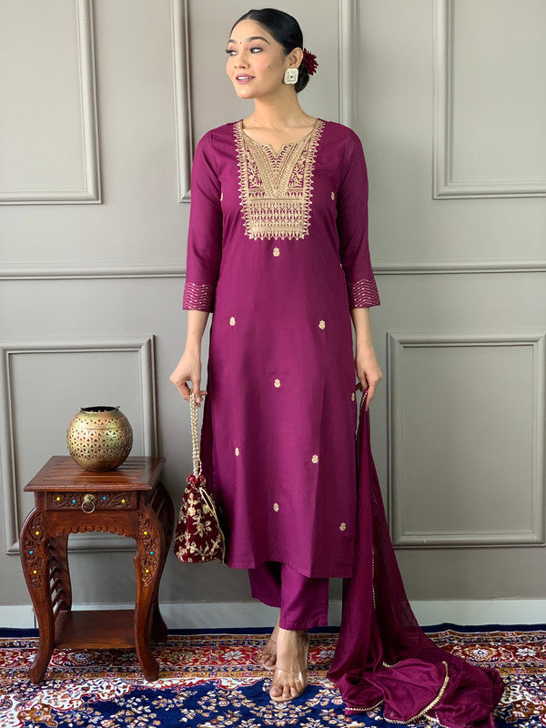 Lyush Women's Wine Rayon Slub Embroidery Straight Kurta Pant With Dupatta