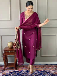 Thumbnail for Lyush Women's Wine Rayon Slub Embroidery Straight Kurta Pant With Dupatta
