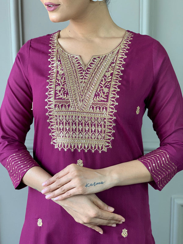 Lyush Women's Wine Rayon Slub Embroidery Straight Kurta Pant With Dupatta