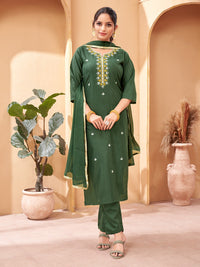 Thumbnail for Lyush Women's Green Rayon Embroidery Straight Kurta Pant With Dupatta