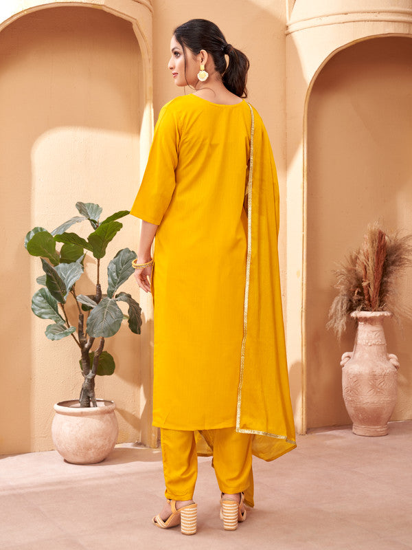Lyush Women's Yellow Rayon Embroidery Straight Kurta Pant With Dupatta