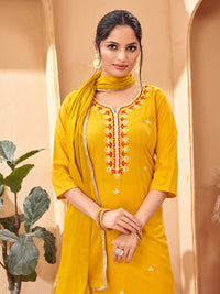 Thumbnail for Lyush Women's Yellow Rayon Embroidery Straight Kurta Pant With Dupatta