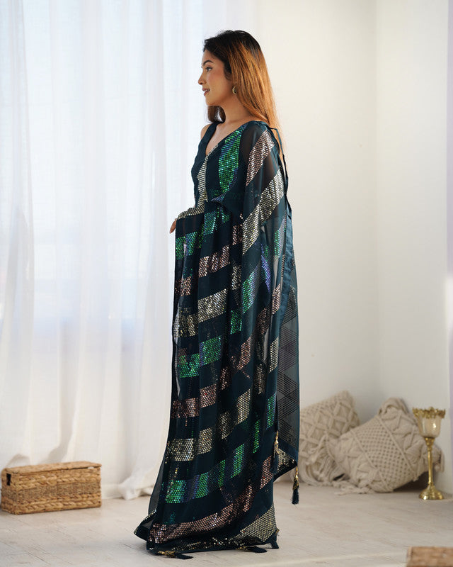 NOZ2TOZ Sequence Georgette Petrol Saree With Unstitched Blouse Piece - Distacart