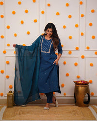 Thumbnail for Lyush Women's Petrol Blue Rayon Slub Embroidery Straight Kurta Pant With Dupatta