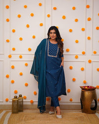 Thumbnail for Lyush Women's Petrol Blue Rayon Slub Embroidery Straight Kurta Pant With Dupatta