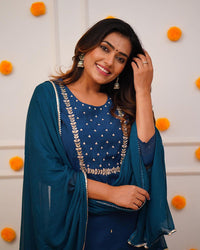 Thumbnail for Lyush Women's Petrol Blue Rayon Slub Embroidery Straight Kurta Pant With Dupatta