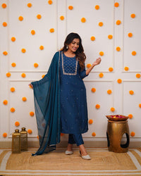 Thumbnail for Lyush Women's Petrol Blue Rayon Slub Embroidery Straight Kurta Pant With Dupatta