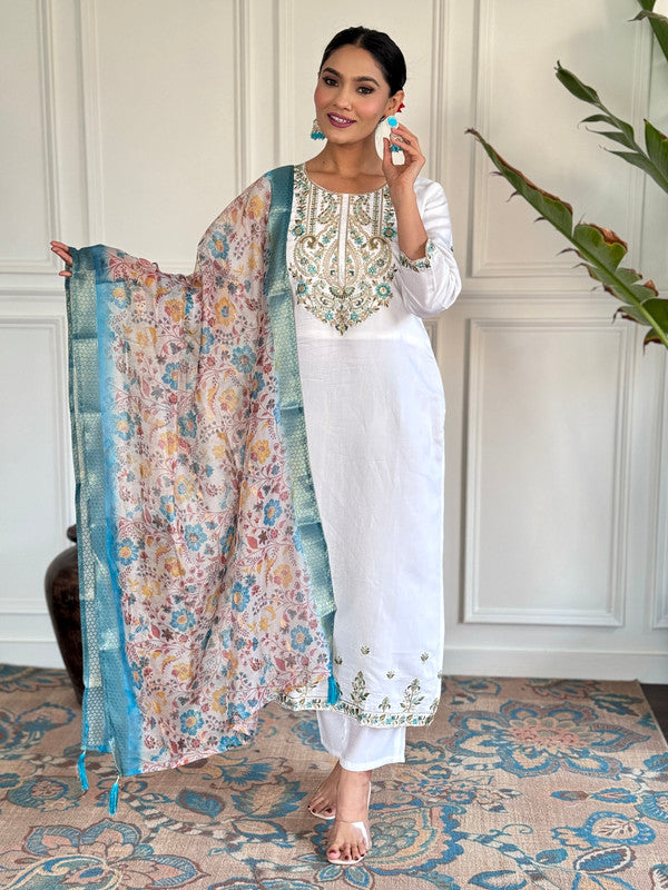 Lyush Women's White Sky Viscose Chanderi Embroidery Straight Kurta Pant With Dupatta