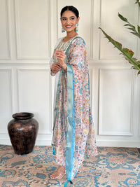 Thumbnail for Lyush Women's White Sky Viscose Chanderi Embroidery Straight Kurta Pant With Dupatta