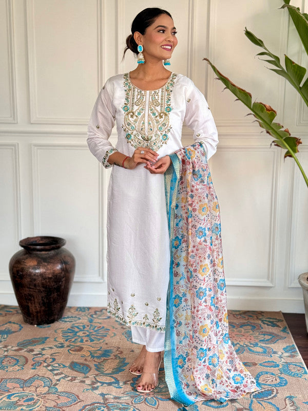 Lyush Women's White Sky Viscose Chanderi Embroidery Straight Kurta Pant With Dupatta