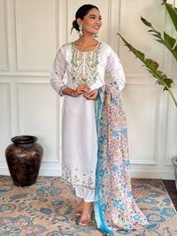 Thumbnail for Lyush Women's White Sky Viscose Chanderi Embroidery Straight Kurta Pant With Dupatta