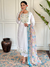 Thumbnail for Lyush Women's White Sky Viscose Chanderi Embroidery Straight Kurta Pant With Dupatta