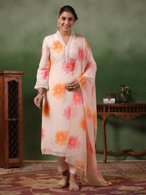 Lyush Women's Peach Crepe Embroidery Straight Kurta Pant With Dupatta