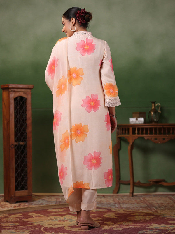 Lyush Women's Peach Crepe Embroidery Straight Kurta Pant With Dupatta