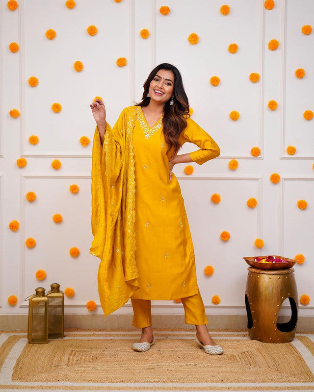 Lyush Women's Mustard Viscose Chanderi Embroidery Straight Kurta Pant With Dupatta