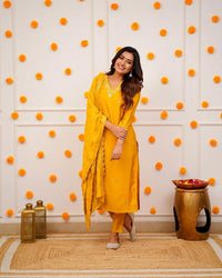 Thumbnail for Lyush Women's Mustard Viscose Chanderi Embroidery Straight Kurta Pant With Dupatta
