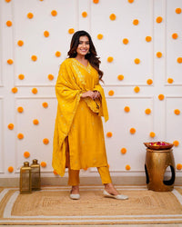 Thumbnail for Lyush Women's Mustard Viscose Chanderi Embroidery Straight Kurta Pant With Dupatta