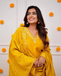 Thumbnail for Lyush Women's Mustard Viscose Chanderi Embroidery Straight Kurta Pant With Dupatta