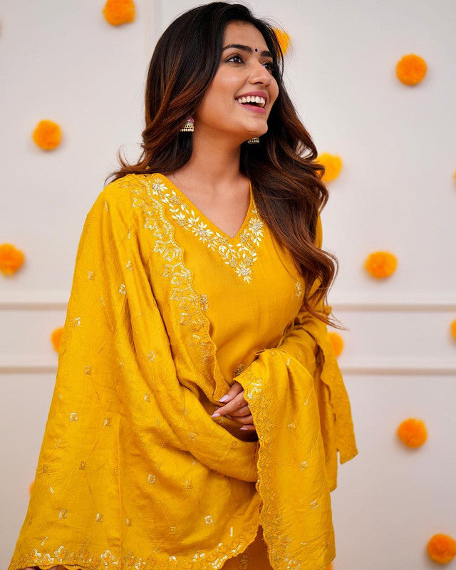 Lyush Women's Mustard Viscose Chanderi Embroidery Straight Kurta Pant With Dupatta