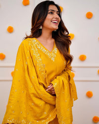 Thumbnail for Lyush Women's Mustard Viscose Chanderi Embroidery Straight Kurta Pant With Dupatta