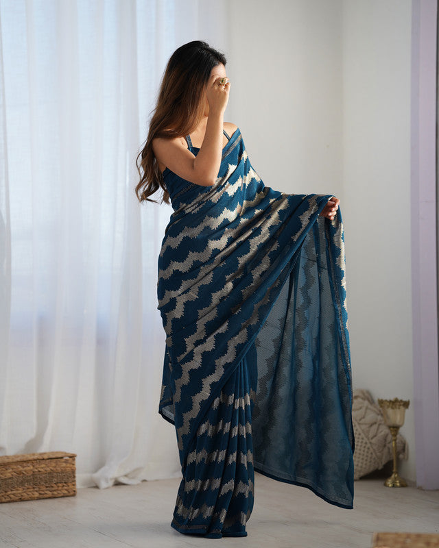 NOZ2TOZ Sequence Georgette Petrol Saree With Unstitched Blouse Piece - Distacart