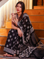 Thumbnail for Zibaa Hand-Blocked Pure Mul Cotton Black Saree
