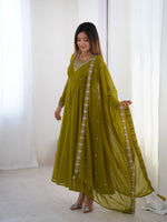 Thumbnail for Lorenvalley Mahendi Faux Georgette Fancy Embroidery Beads And Jari Work Anarkali Kurta Palazzo With Dupatta Set - Distacart