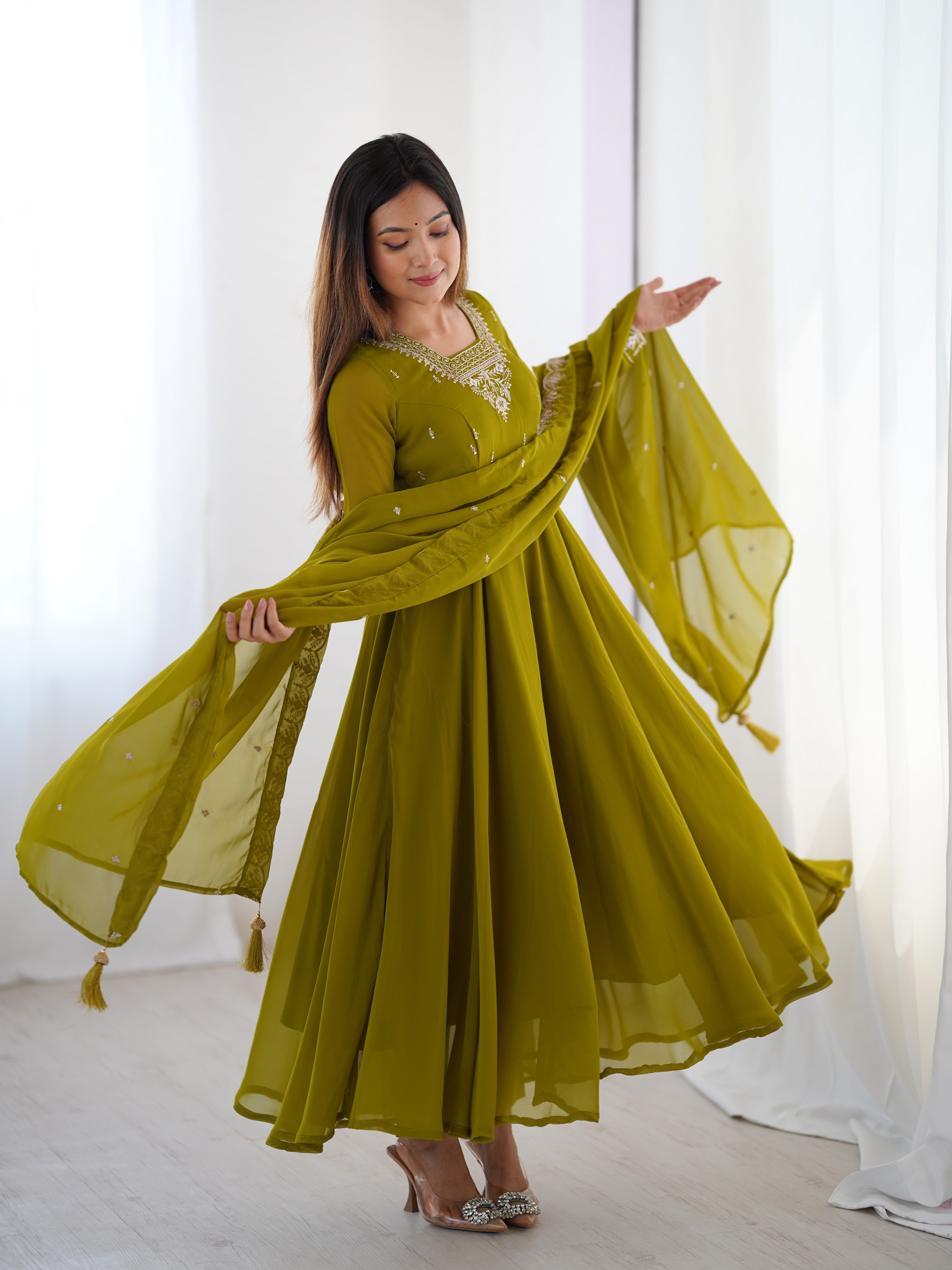 Lorenvalley Mahendi Faux Georgette Fancy Embroidery Beads And Jari Work Anarkali Kurta Palazzo With Dupatta Set - Distacart