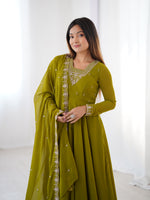 Thumbnail for Lorenvalley Mahendi Faux Georgette Fancy Embroidery Beads And Jari Work Anarkali Kurta Palazzo With Dupatta Set - Distacart