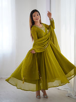 Thumbnail for Lorenvalley Mahendi Faux Georgette Fancy Embroidery Beads And Jari Work Anarkali Kurta Palazzo With Dupatta Set - Distacart