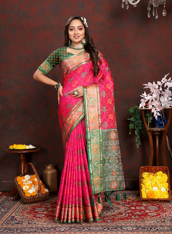 Lorenvalley Fashion Magenta Patola Silk Woven Design with Zari Meenakari Weaving motifs Pallu Saree - Distacart