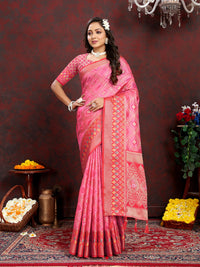 Thumbnail for Lorenvalley Fashion Magenta Organza Silk Woven Design with Rich Meenakari Weaving Pallu Saree