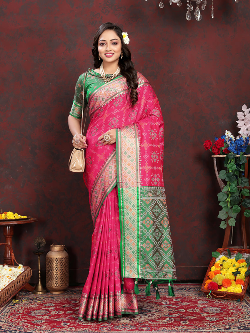 Lorenvalley Fashion Magenta Patola Silk Woven Design with Zari Meenakari Weaving motifs Pallu Saree