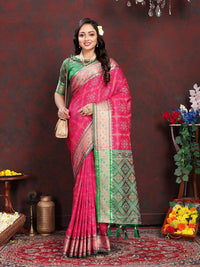Thumbnail for Lorenvalley Fashion Magenta Patola Silk Woven Design with Zari Meenakari Weaving motifs Pallu Saree