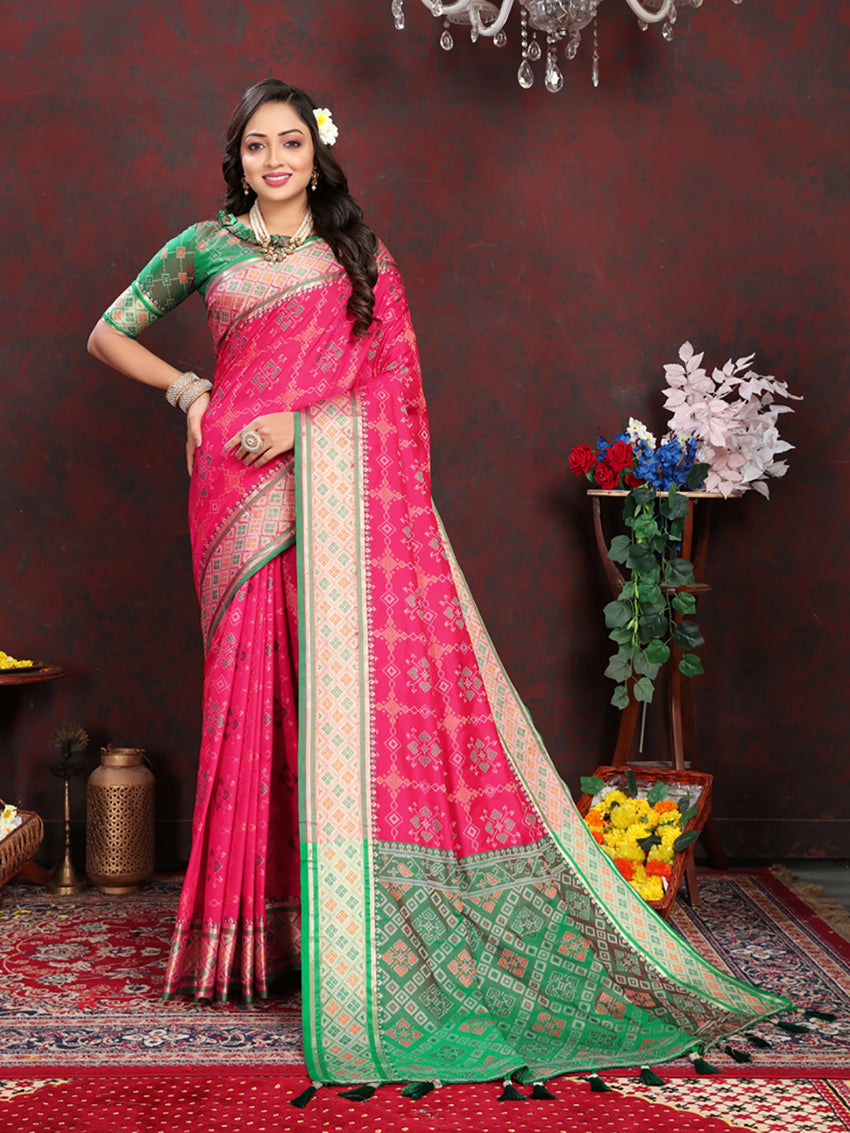 Lorenvalley Fashion Magenta Patola Silk Woven Design with Zari Meenakari Weaving motifs Pallu Saree