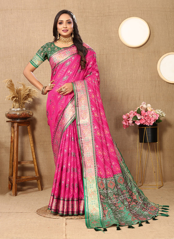 Lorenvalley Fashion Magenta Patola Silk Woven Design with Zari Meenakari Weaving motifs Pallu Saree - Distacart