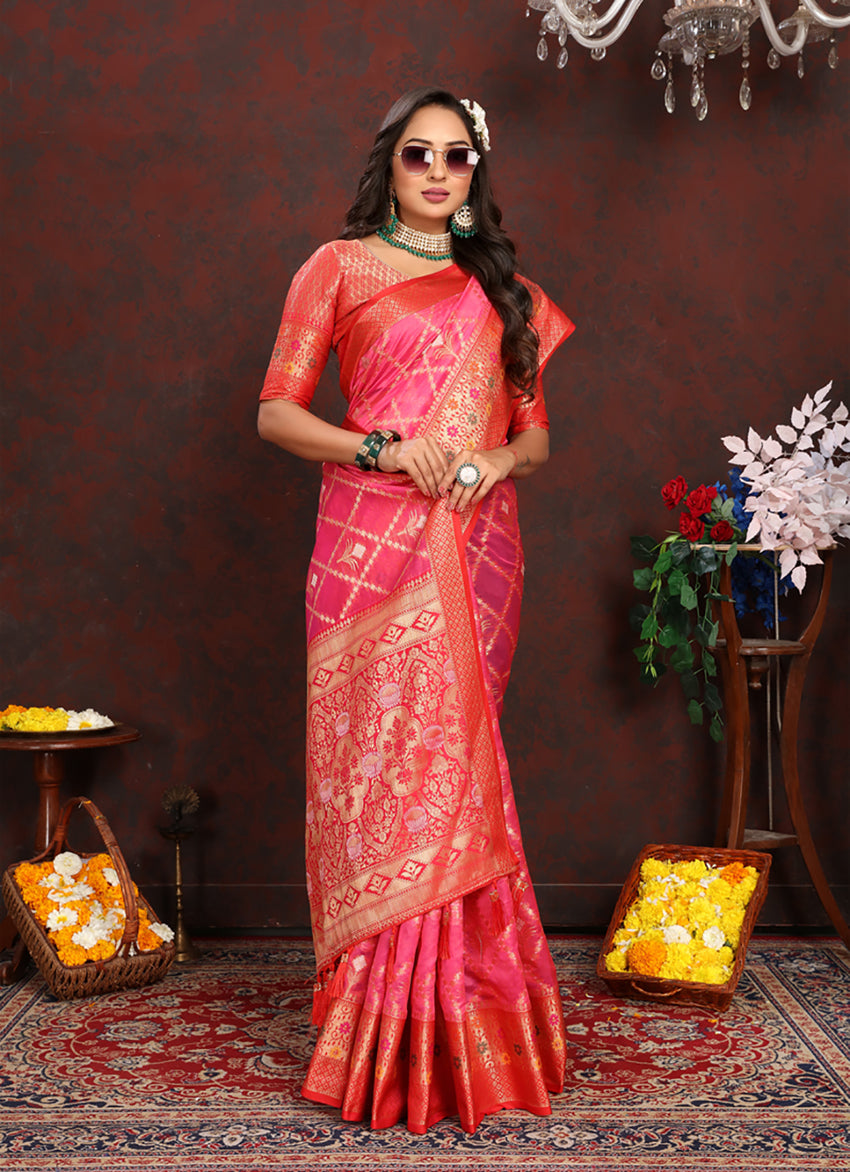 Lorenvalley Fashion Magenta Organza Silk Woven Design with Rich Meenakari Weaving Pallu Saree - Distacart
