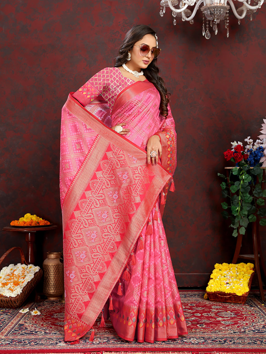 Lorenvalley Fashion Magenta Organza Silk Woven Design with Rich Meenakari Weaving Pallu Saree