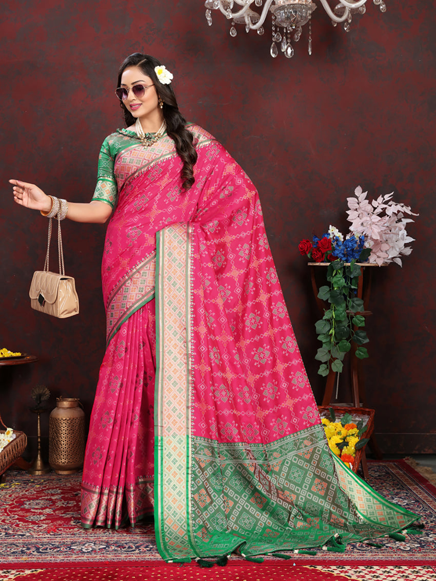 Lorenvalley Fashion Magenta Patola Silk Woven Design with Zari Meenakari Weaving motifs Pallu Saree