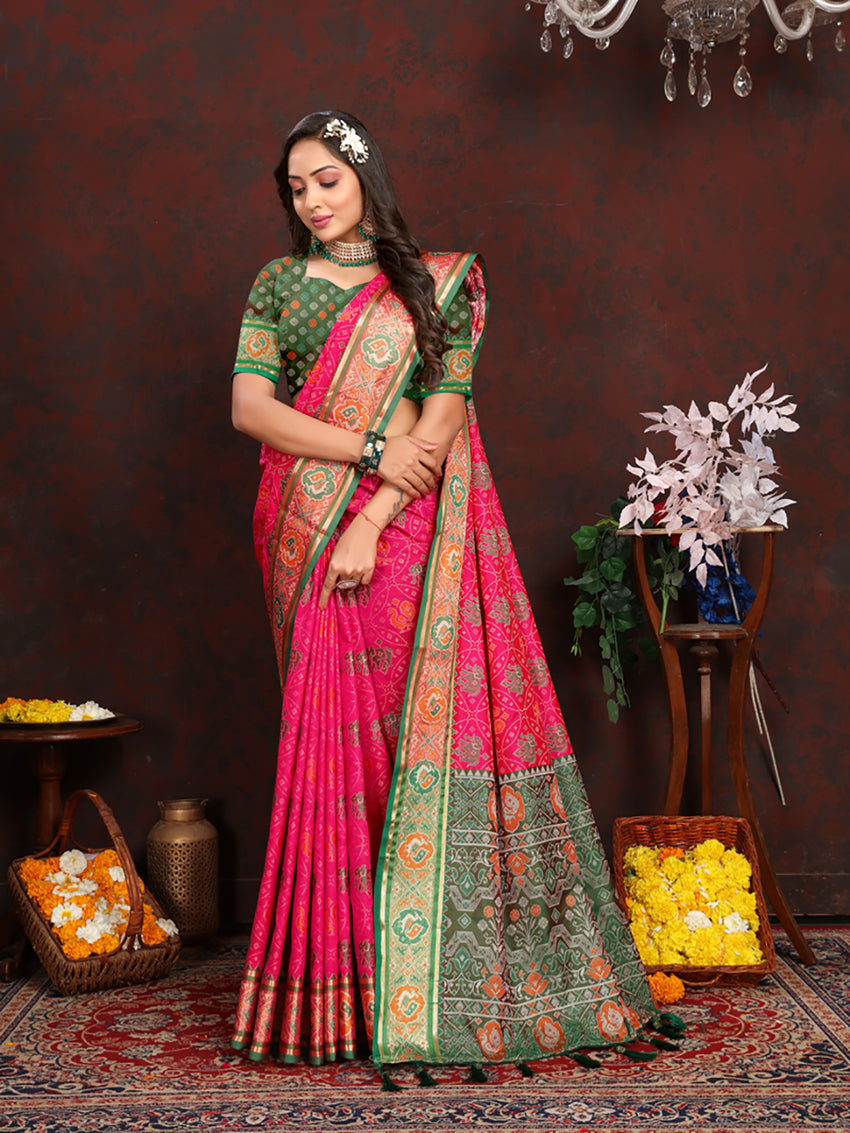 Lorenvalley Fashion Magenta Patola Silk Woven Design with Zari Meenakari Weaving motifs Pallu Saree - Distacart