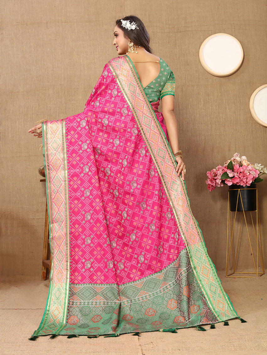 Lorenvalley Fashion Magenta Patola Silk Woven Design with Zari Meenakari Weaving motifs Pallu Saree