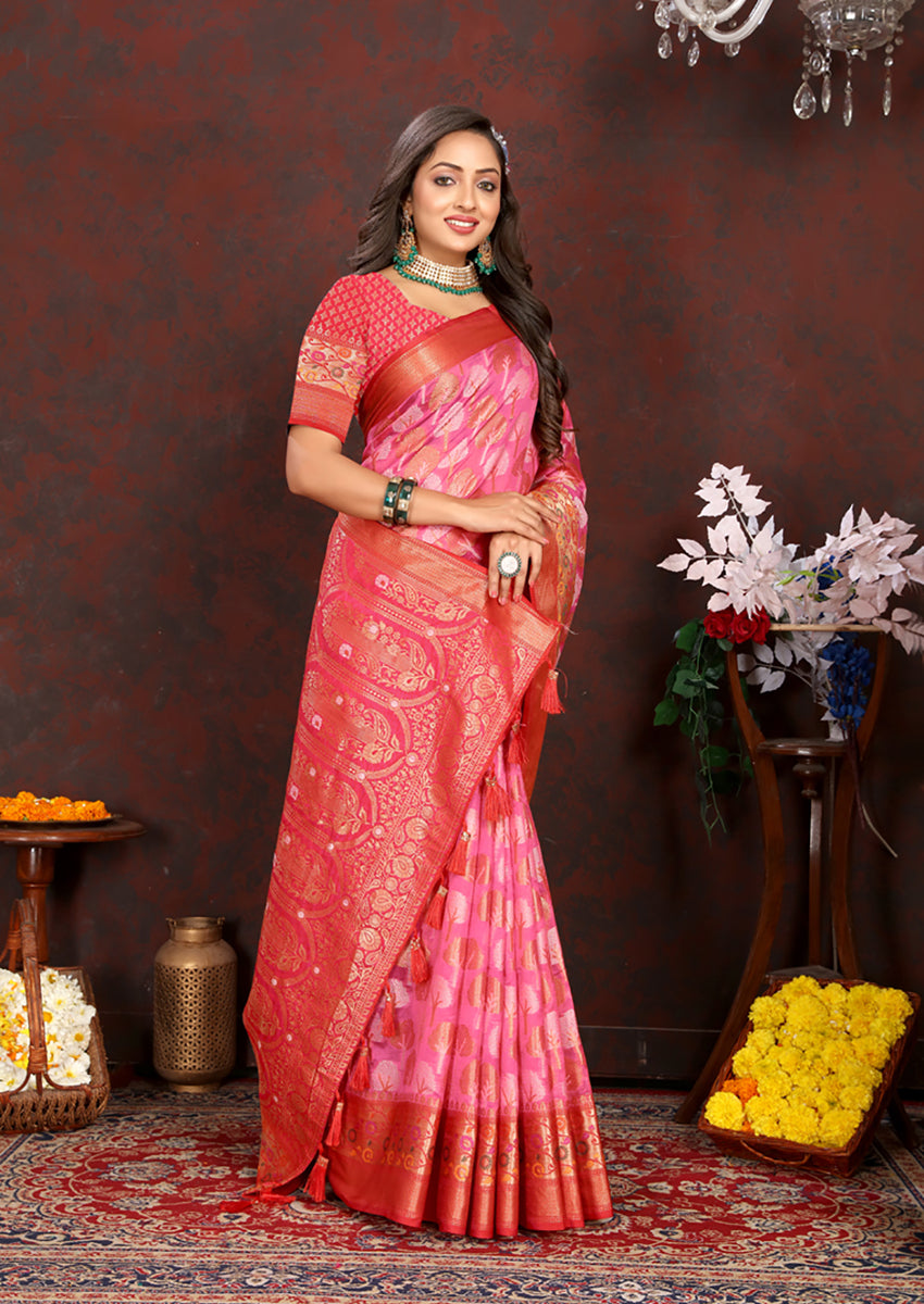 Lorenvalley Fashion Magenta Organza Silk Woven Design with Rich Meenakari Weaving Pallu Saree - Distacart