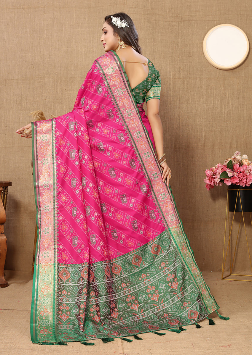 Lorenvalley Fashion Magenta Patola Silk Woven Design with Zari Meenakari Weaving motifs Pallu Saree - Distacart