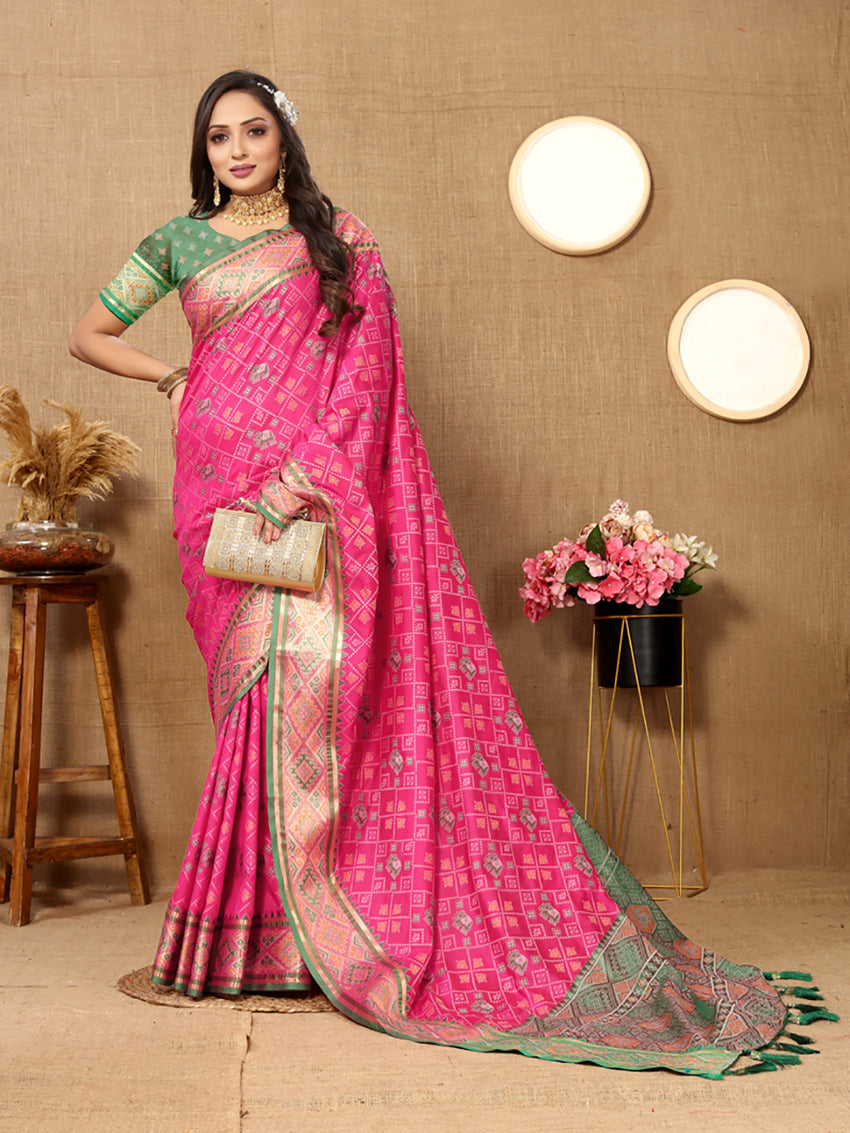 Lorenvalley Fashion Magenta Patola Silk Woven Design with Zari Meenakari Weaving motifs Pallu Saree - Distacart