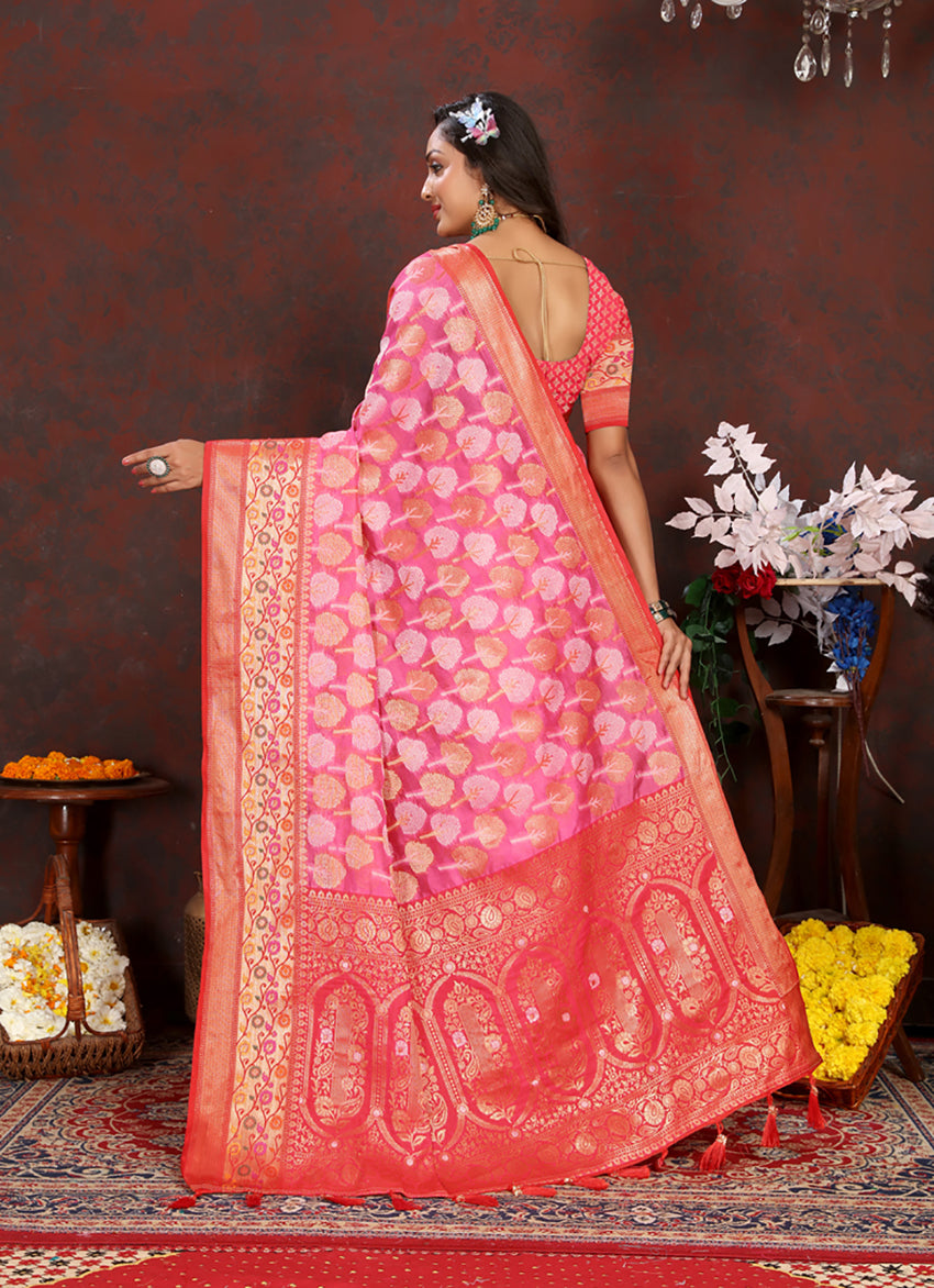 Lorenvalley Fashion Magenta Organza Silk Woven Design with Rich Meenakari Weaving Pallu Saree - Distacart